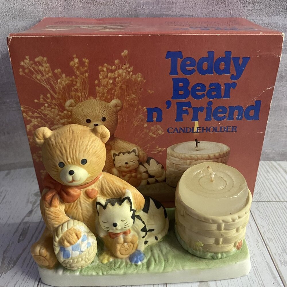 🕯️Vintage  Fine Porcelain Bisque Teddy Bear n Friend Candleholder 1985